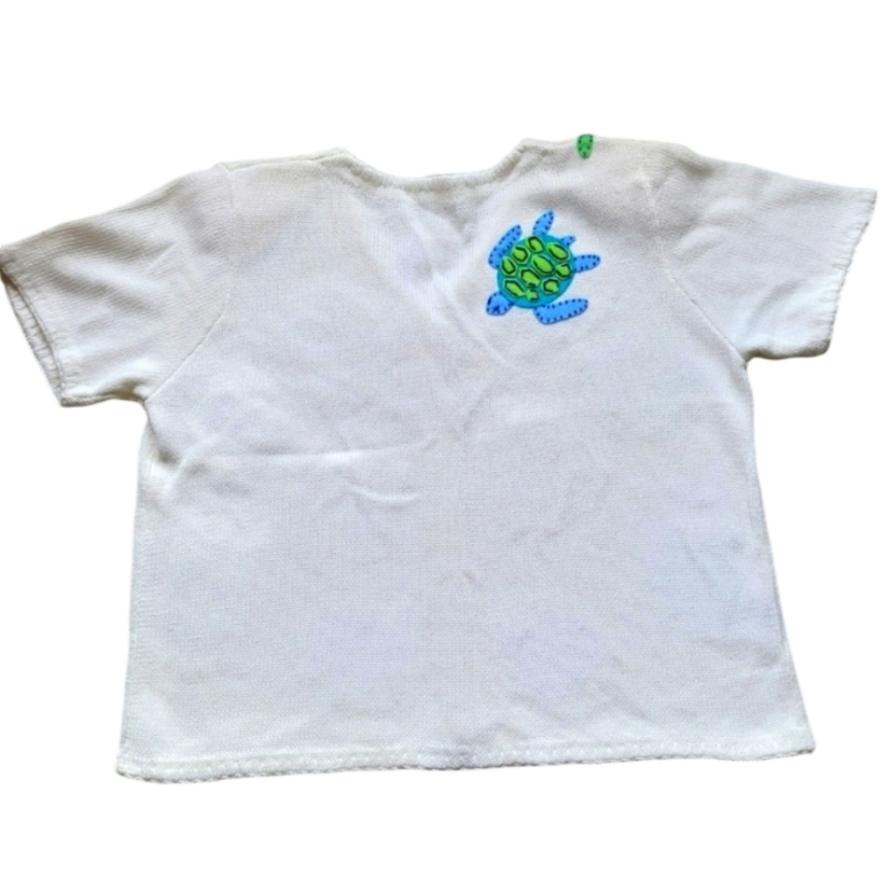 100% Cotton Susan Bristol Felt Beaded Sea Turtles White 1999 Y2K Sweater Top - Picture 5 of 6